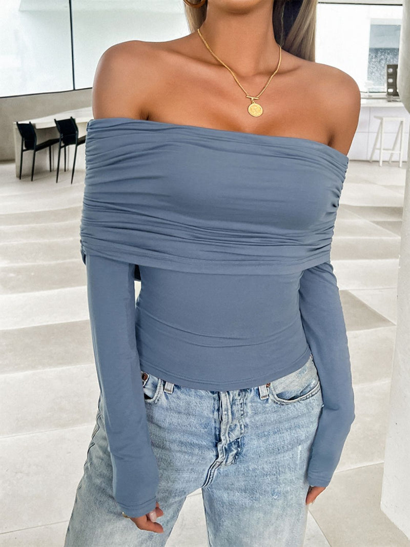 Devine Ruched Off-Shoulder Long Sleeve T-Shirt