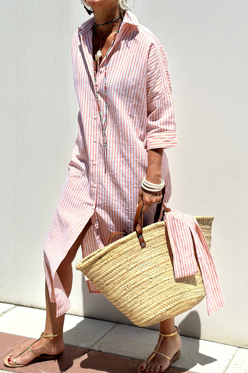 Tied Button Up Three-Quarter Sleeve Dress