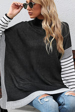 Perfee Striped Dolman Sleeve Mock Neck Knit Pullover