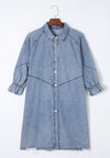 Distressed Collared Neck Flounce Sleeve Denim Dress