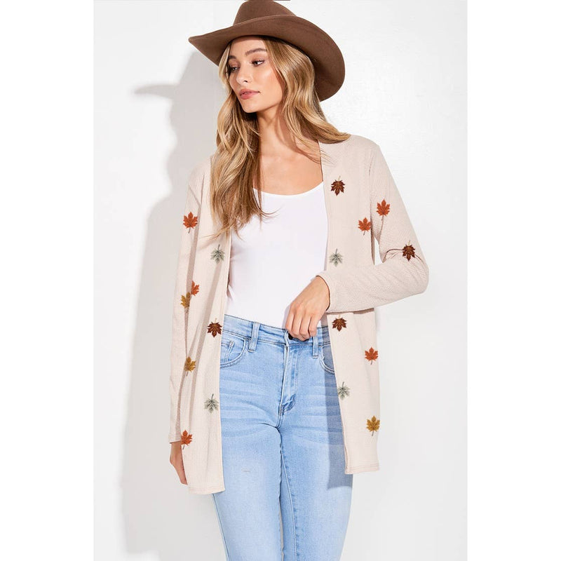 Fall Leaves Print Knit Long Sleeve Cardigan