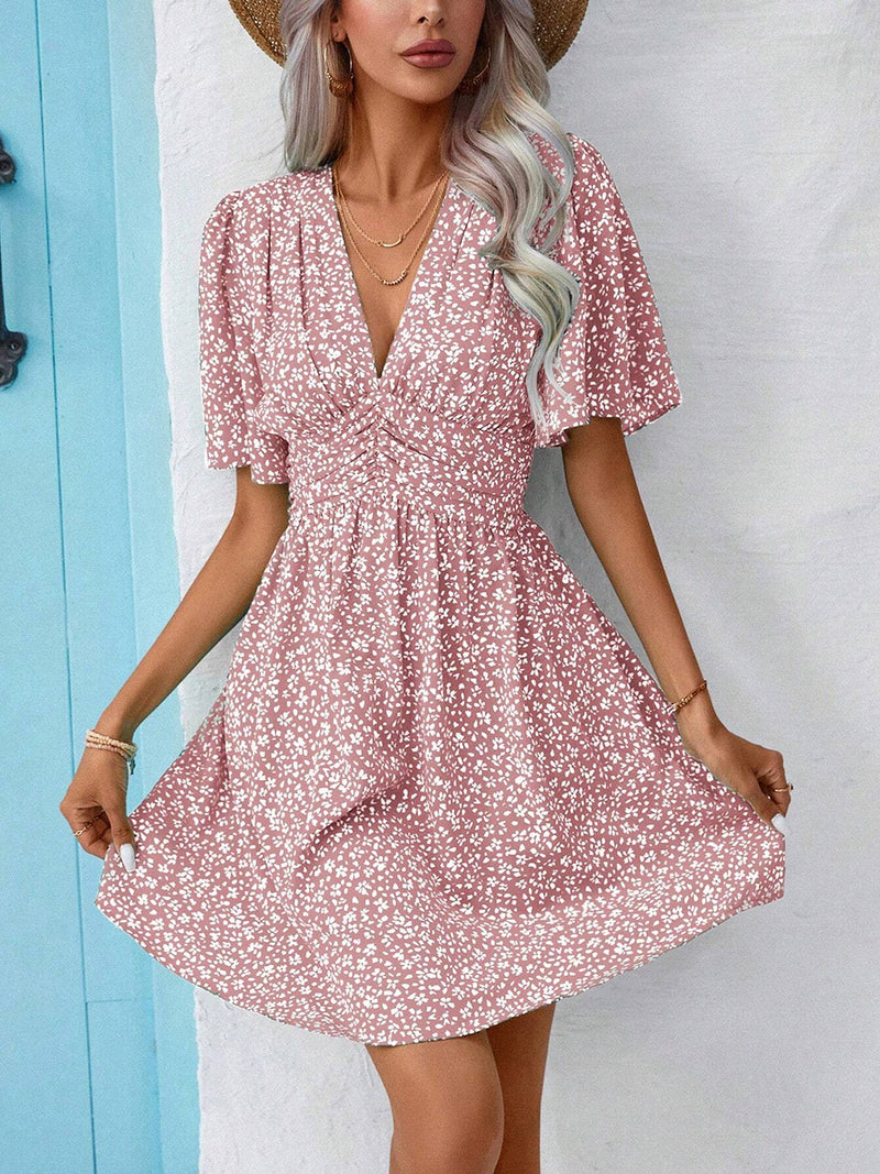 Printed V-Neck Half Sleeve Mini Dress