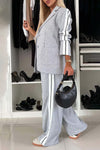 Full Size Contrast Lapel Collar Top and Pants Set