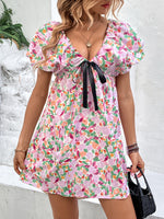 Perfee Printed V-Neck Puff Sleeve Mini Dress