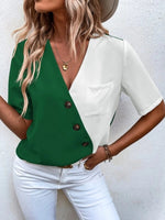 Decorative Button Surplice Short Sleeve Blouse