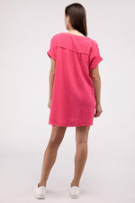 Gauze Rolled Short Sleeve Raw Edge V-Neck Dress