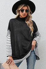 Perfee Striped Dolman Sleeve Mock Neck Knit Pullover