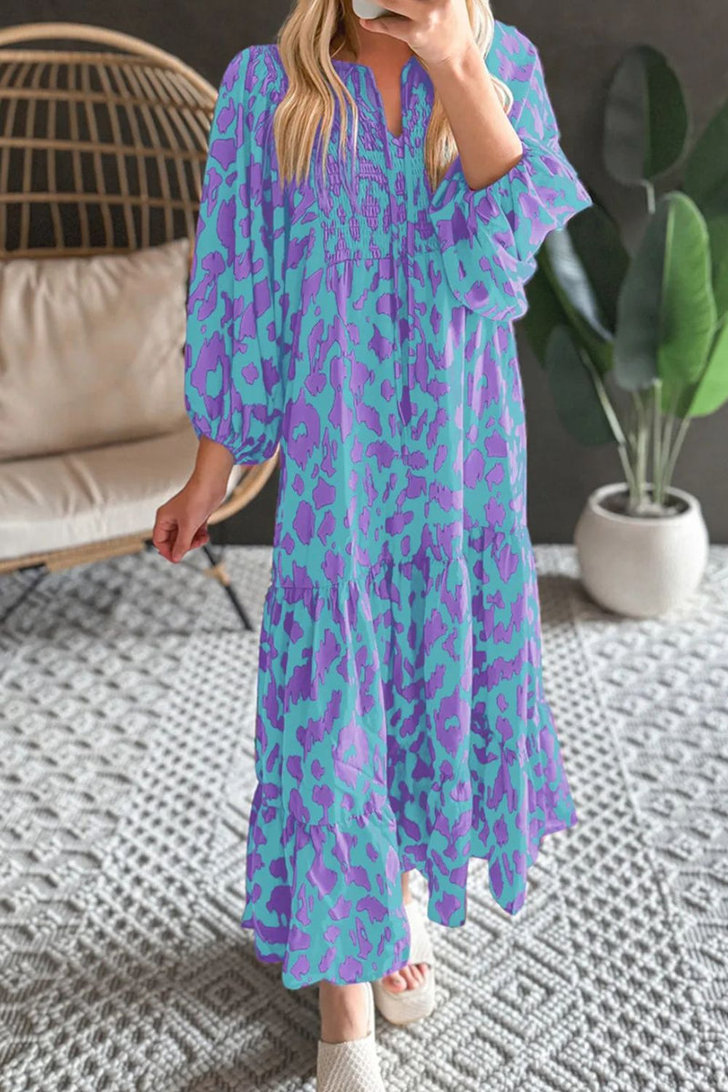 Smocked Printed Tie Neck Long Sleeve Dress