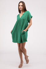 Gauze Rolled Short Sleeve Raw Edge V-Neck Dress