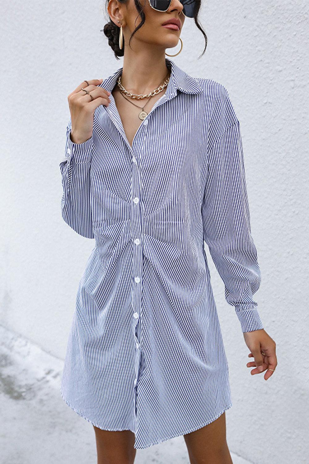 WBS Striped Button Front Ruched Shirt Dress-Shipping delay 01/15/2023 - 01/31/2023-[option4]-[option5]-[option6]-Womens-USA-Clothing-Boutique-Shop-Online-Clothes Minded